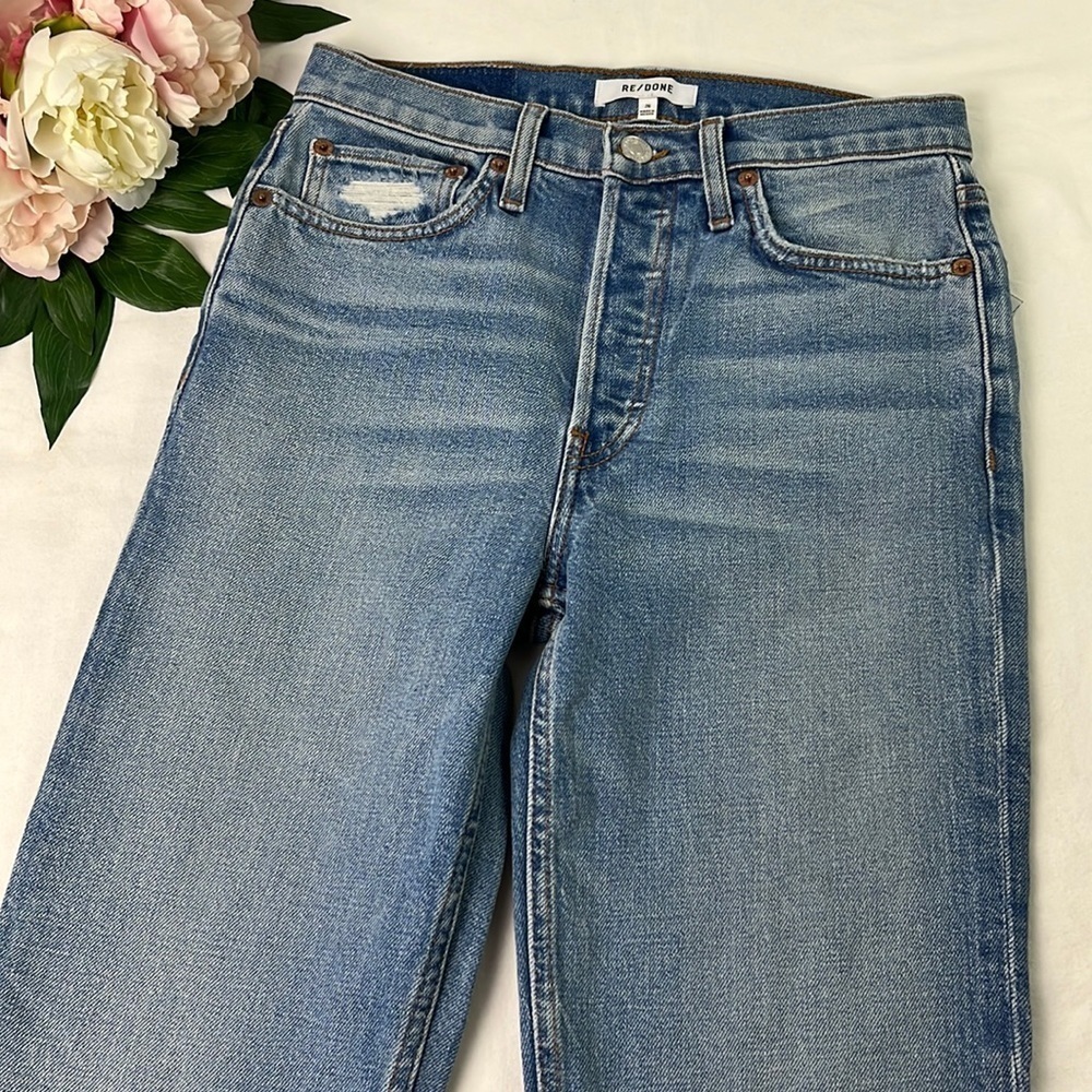 Re/Done Worn Blue Destroy Distressed 90s High Rise Ankle Crop Denim Jeans Sz 26